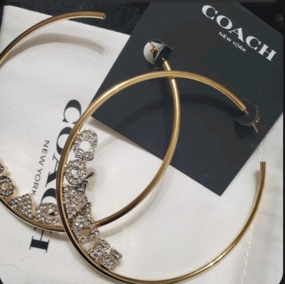 Coach Medium Gold Hoop Earrings with Crystal Accent/NWT - Picture 2 of 7